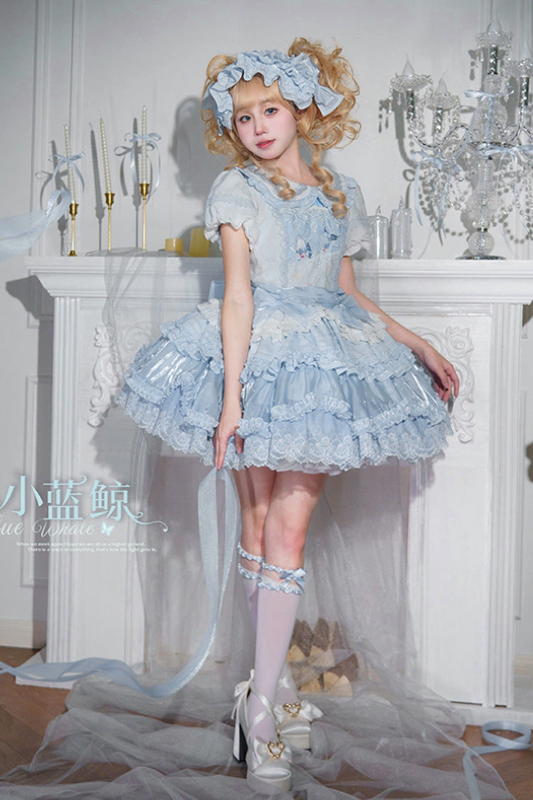 Blue [Whale] Lapel Collar Short Sleeves Triple-Layered Ruffle Embroidery Sweet Lolita Dress