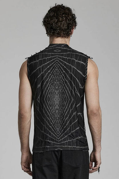 Halo Print Sleeveless Stitching Mesh Rivets Mens Steampunk T-Shirt 2 Colors