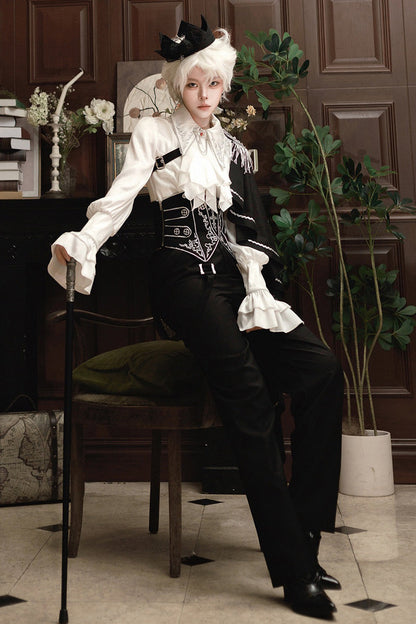 Black/White Embroidery Asymmetric Gothic Prince Handsome Ouji Lolita Set