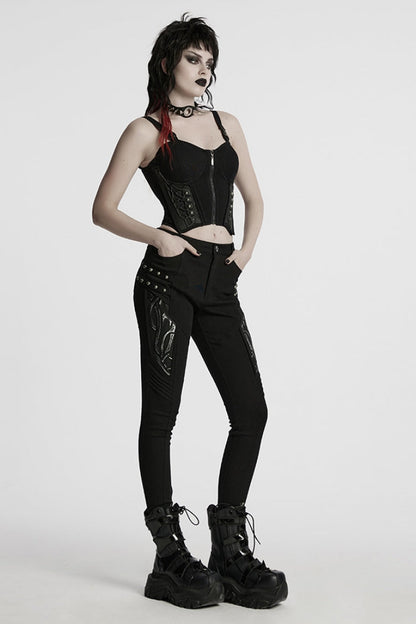 Black Studded Pleated Women's Punk Leggings