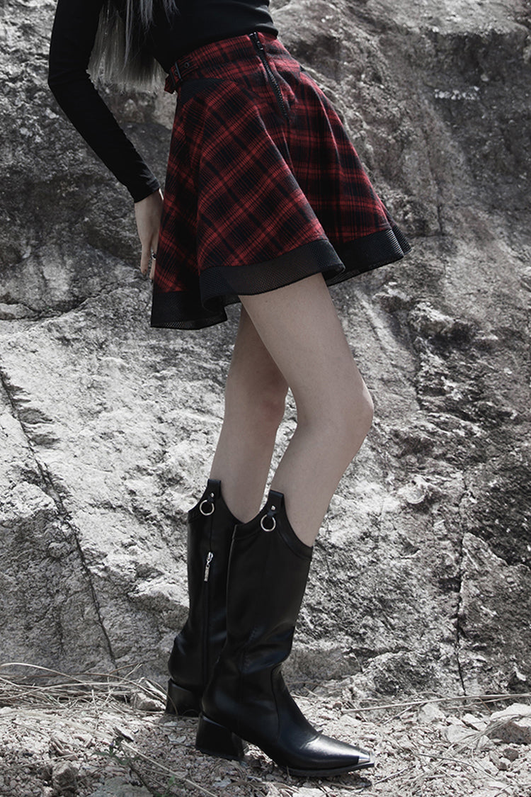 Red Chiffon Plaid Large-Hole Mesh Stitching V-Word Segmentation Design Sun-Hem Women's Punk Skirt