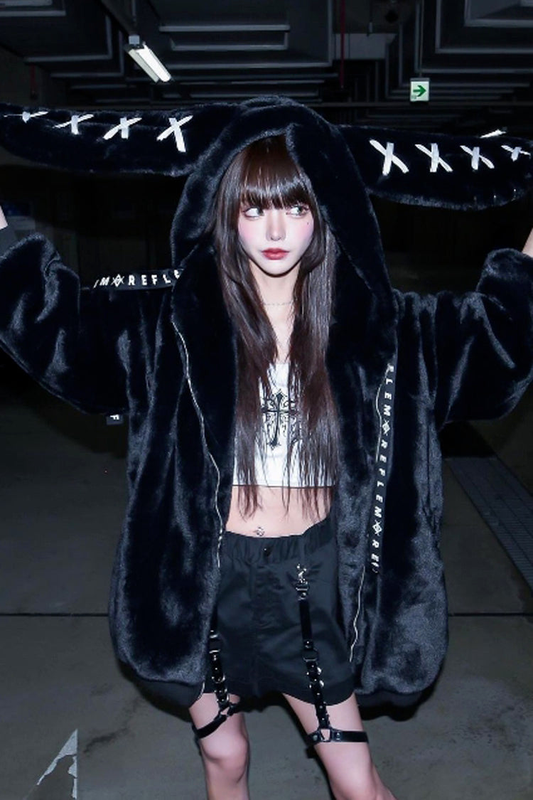 Black Rabbit Ears Long Sleeves Hooded Punk Jirai Kei Coat
