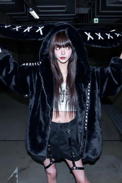 Black Rabbit Ears Long Sleeves Hooded Punk Jirai Kei Coat