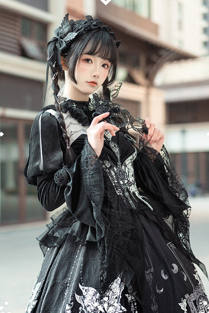 Black [Feast of Bones] Print Ruffle Bowknot Lace Gothic Elegant Lolita Long Dress