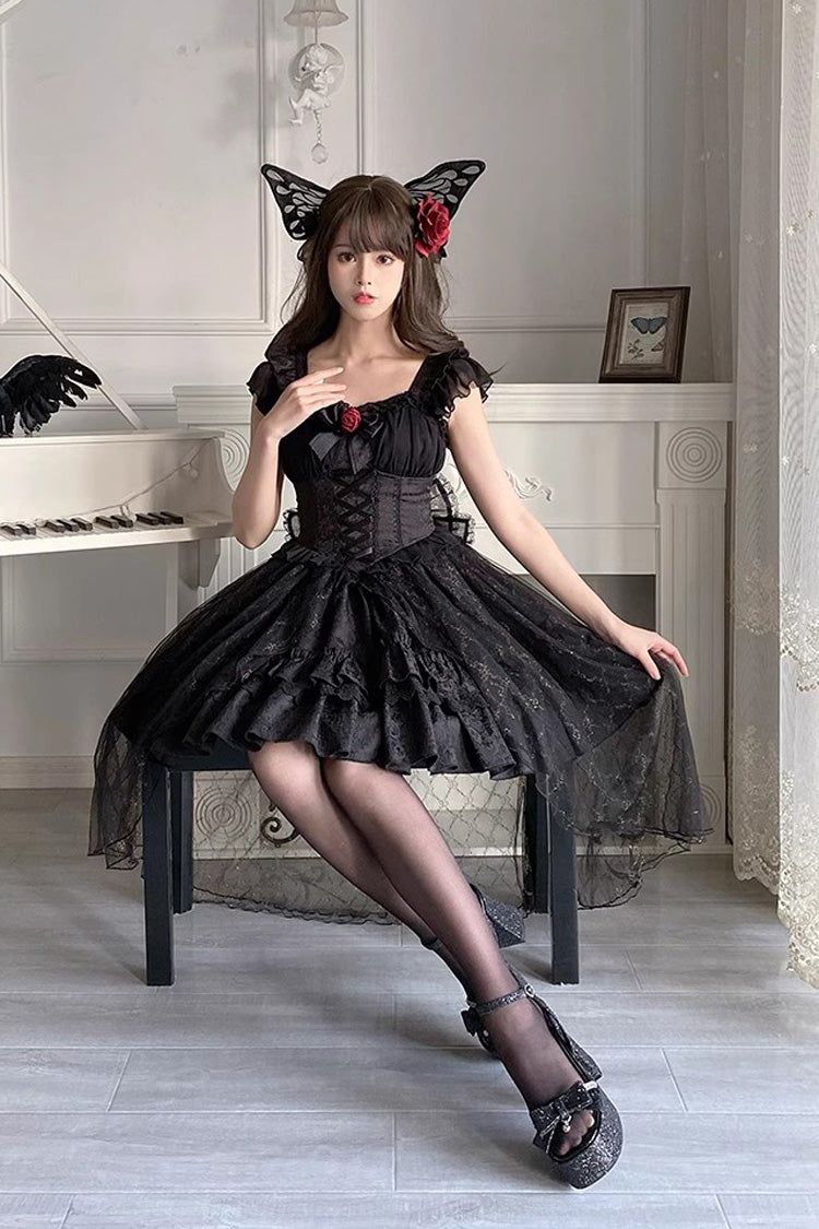 Black Short Sleeves Ruffle Rose Bowknot Elegant Princess Gothic Lolita Tiered Dress