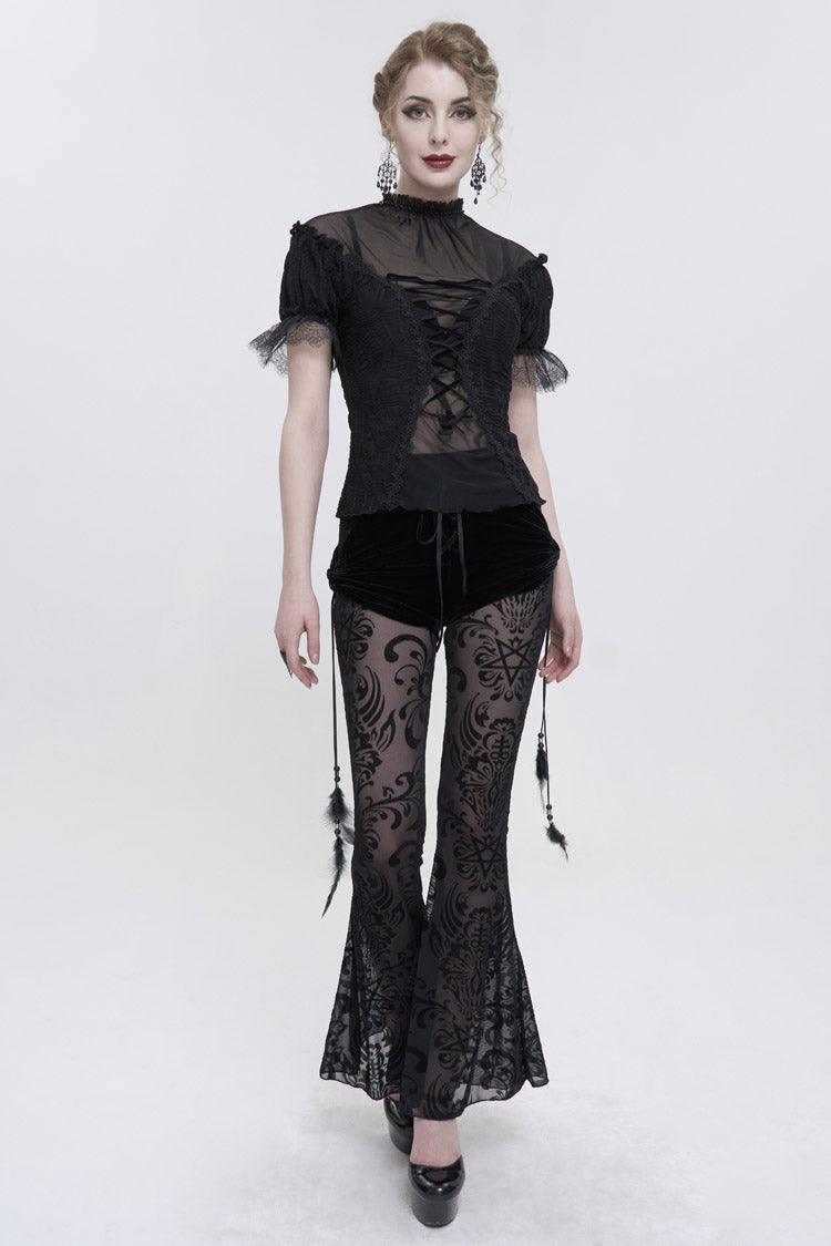 Black Wavy Stretch-Knit Fabric Adjustable Front Center Tether Short Sleeve Women's Gothic T-Shirt