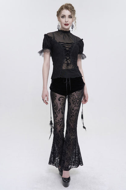 Black Wavy Stretch-Knit Fabric Adjustable Front Center Tether Short Sleeve Women's Gothic T-Shirt
