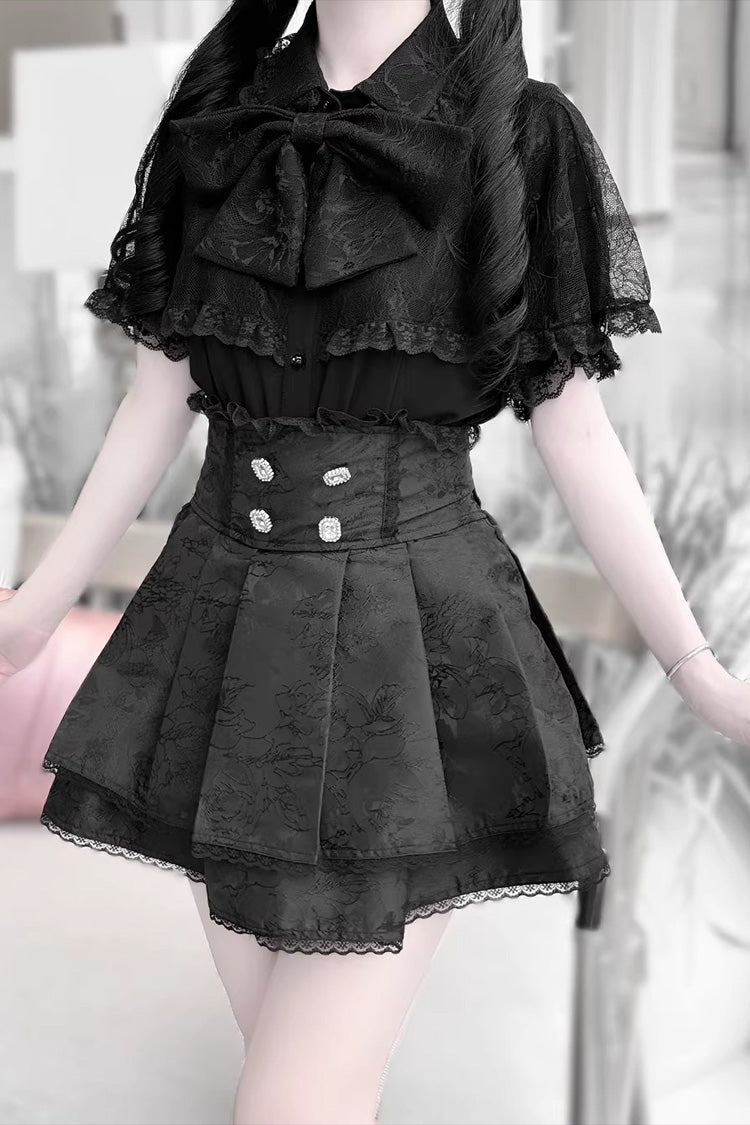 [Dark Moon Shadow] Short Sleeves Double-Layered Ruffled Embroidered Bow Lace-Up Gothic Jirai Kei Lolita Top + Skirt Set