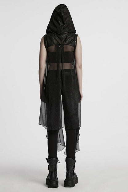 Black Sleeveless Hooded Mesh Women's Punk Harness Vest