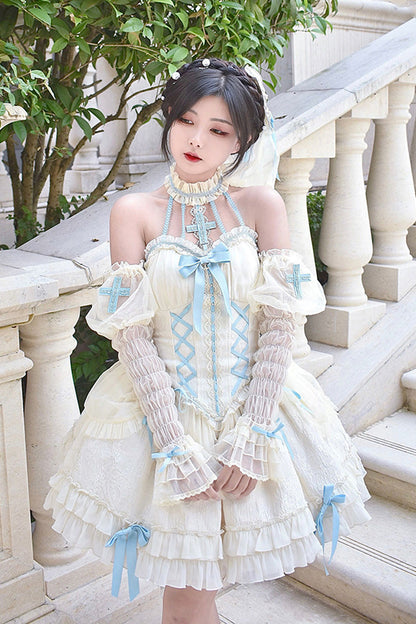 Blue/Ivory Tube Top Sleeveless Ruffle Bowknot Gothic Lolita Jsk Tiered Dress
