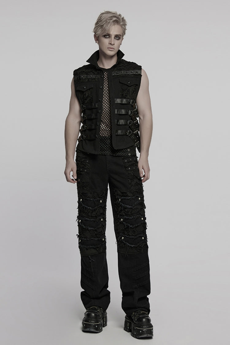 Black Stitching Mesh Rivet Buckle Men's Punk Vest