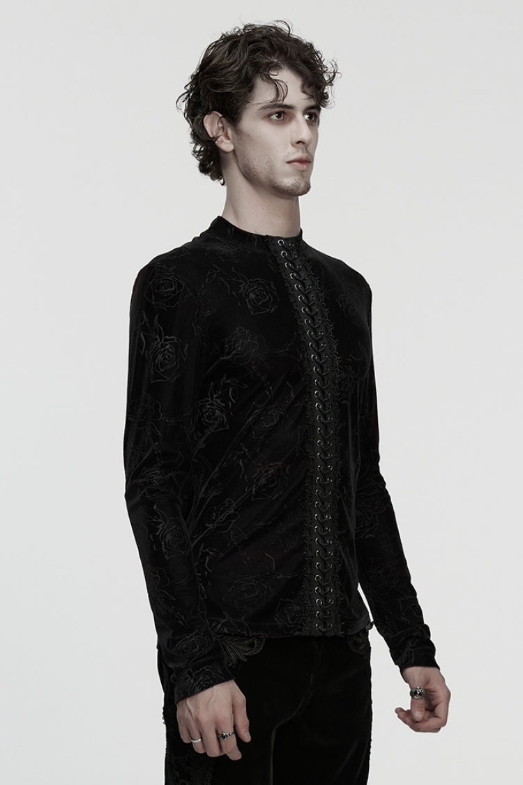Black Stand Collar Long Sleeves Rose Embossed Lace-Up Zippered Men's Gothic Top