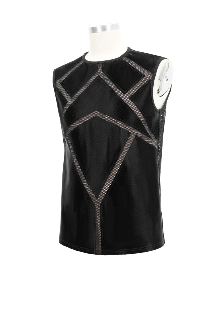 Black Shiny Knits Splice Armor Modeling Mesh Men's Punk Vest