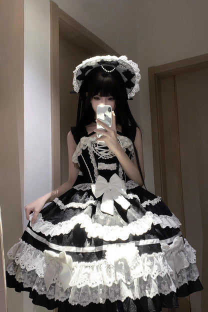 Black/White [Super Cute Belia] Sleeveless Triple-Layered Ruffle Bowknot Lace Gothic Elegant Lolita Jsk Dress