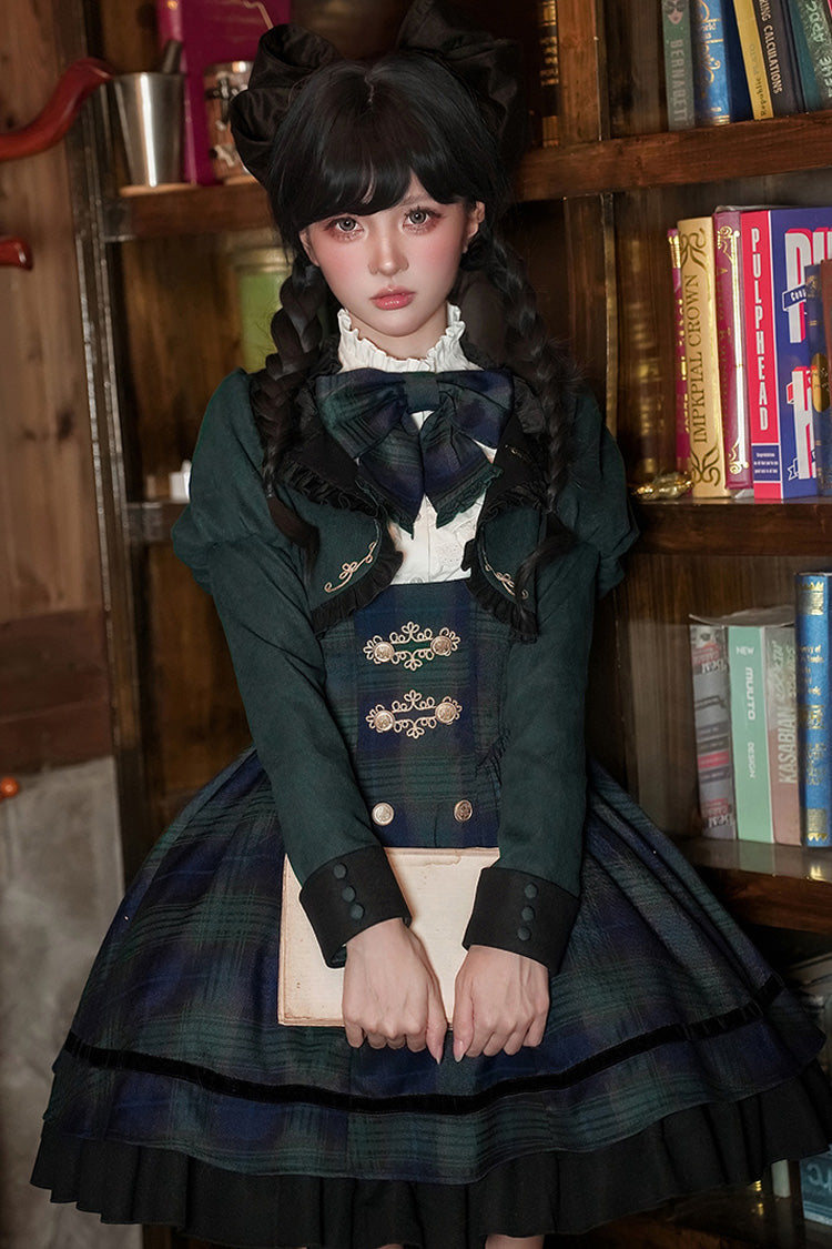 Blue/Green [Berlin's letter] Double-Layered Plaid Print Ruffle Bowknot Classic College Style Lolita Strap Dress Set 2 Versions
