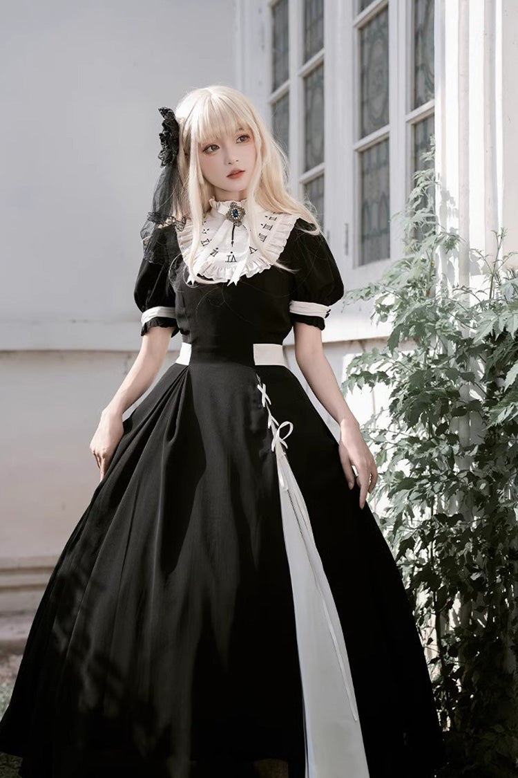 Black/White Short Sleeves Color-blocked with Detachable Embroidered Faux Collar Gothic Lolita Dress