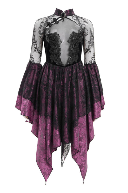Black/Purple Long Sleeves Embroidery Lace Lace-Up Irregular Sheer Mesh Women's Gothic Dress