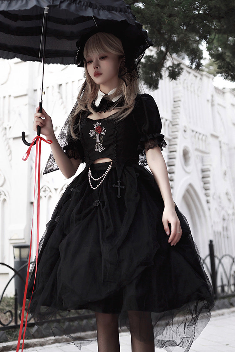 Black Rose Embroidered Cutout Top Irregular Short Sleeves Gothic Lolita Dress Set