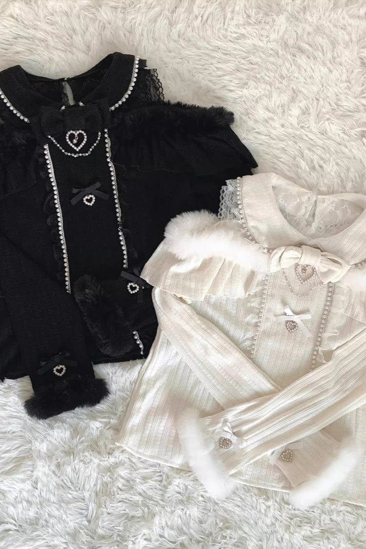 Jirai Kei Off Shoulder Long Sleeves Bow Lace Pearl-Decorated Sweet Knitwear 2 Colors