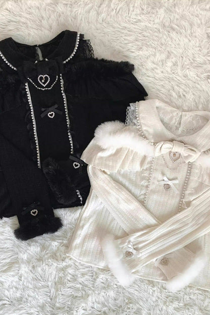 Jirai Kei Off Shoulder Long Sleeves Bow Lace Pearl-Decorated Sweet Knitwear 2 Colors