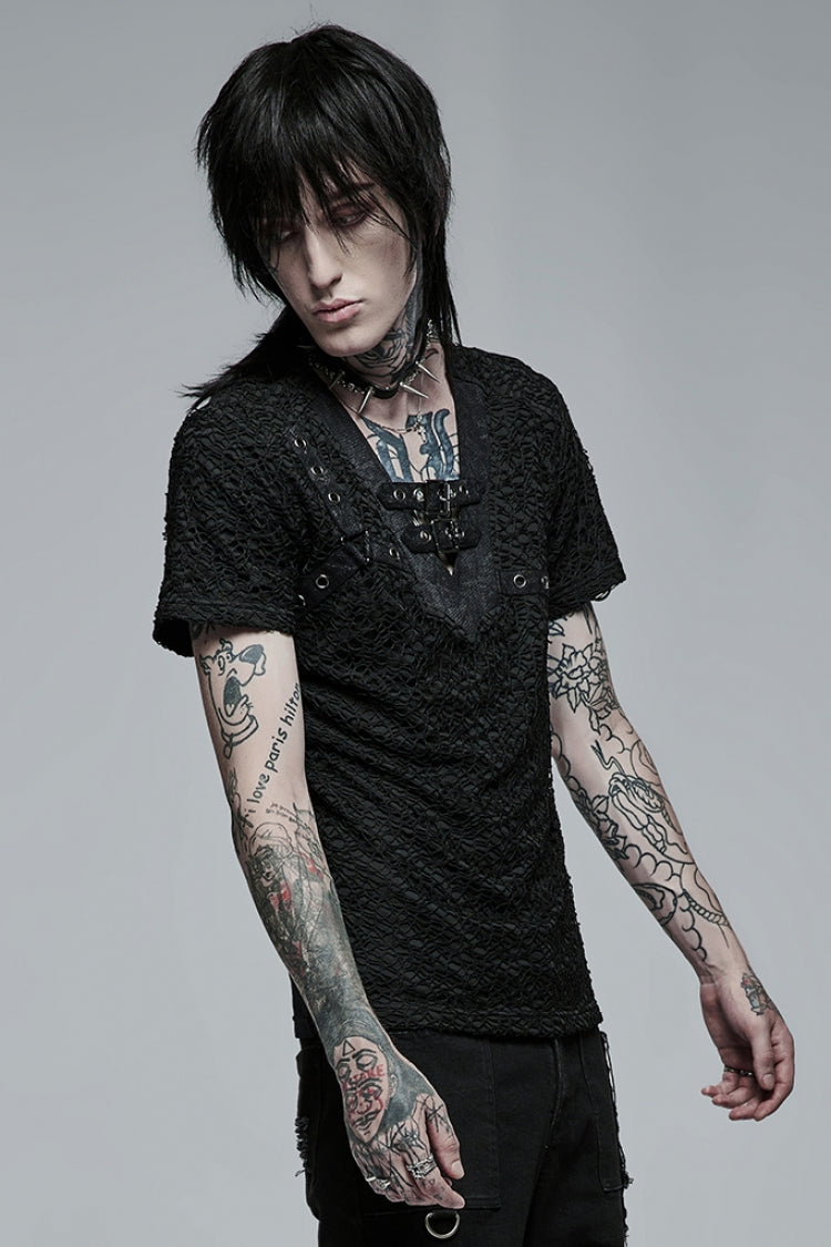 Black Short Sleeves Buckle Stitching Mesh Men's Steampunk T-Shirt