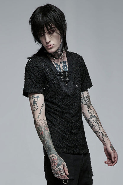 Black Short Sleeves Buckle Stitching Mesh Men's Steampunk T-Shirt
