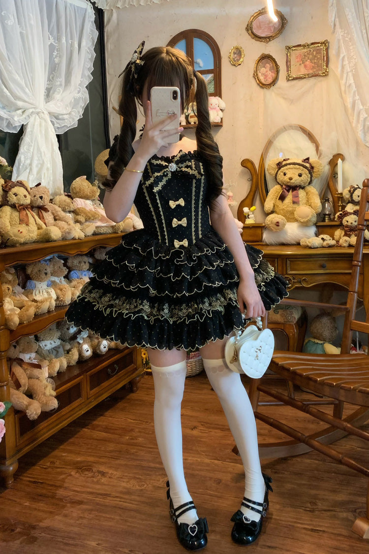 Black Sleeveless Multi-Layered Polka Dots Printed Ruffled Bow Sweet Princess Lolita Jsk Dress