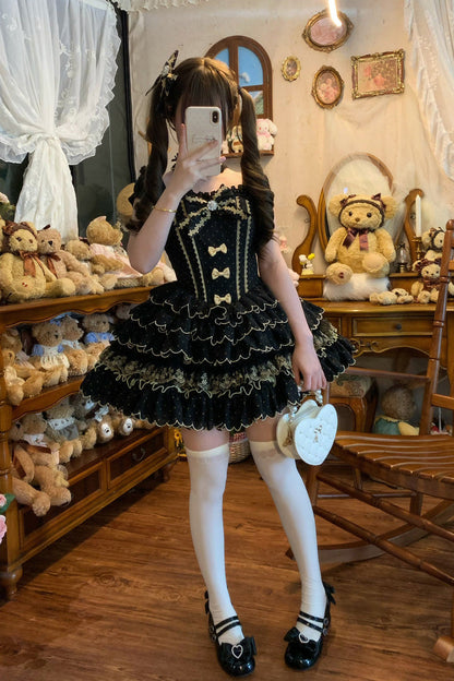Black Sleeveless Multi-Layered Polka Dots Printed Ruffled Bow Sweet Princess Lolita Jsk Dress