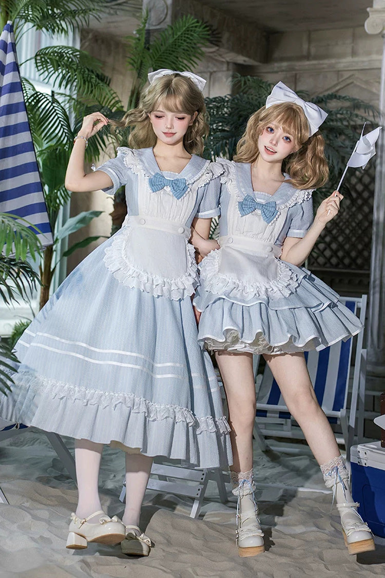 Blue [Seven Day Bell] Navy Collar Short Sleeves Printed Ruffled Bow Sweet Lolita Dress 2 Versions