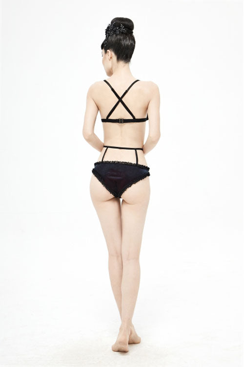 Black Red Velvet Chest Lace Up Gothic Swimsuit Suit