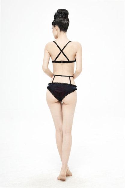Black Red Velvet Chest Lace Up Gothic Swimsuit Suit