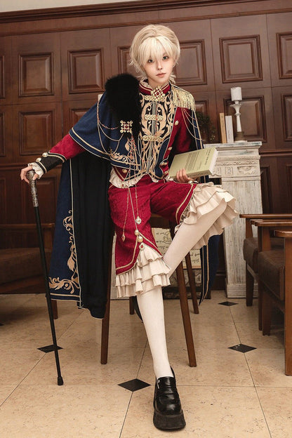 Red/Blue [Royal Glory] Stand Collar Long Sleeves Ruffled Embroidered Gothic Vintage Prince Palace Ouji Lolita Set