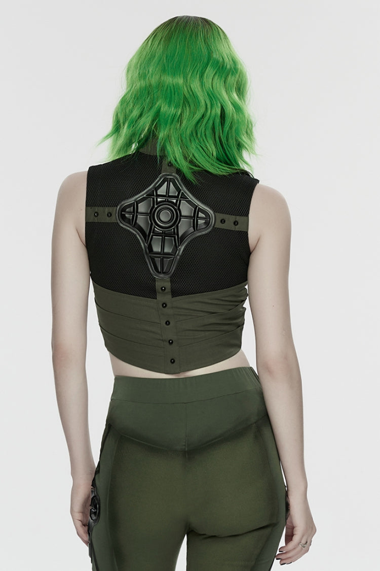Black/Green Sleeveless Cut-Out Studded Mechanical Women's Punk Tank Top