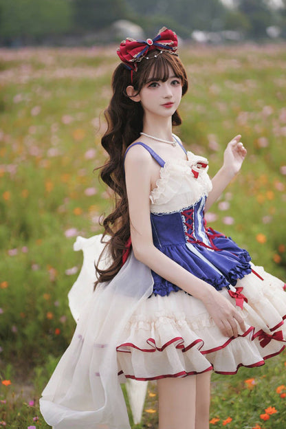 Blue/Ivory [Dance of Time] Snow White Triple-Layered Ballet Style Bowknot Lace-Up Sweet Lolita Jsk Dress