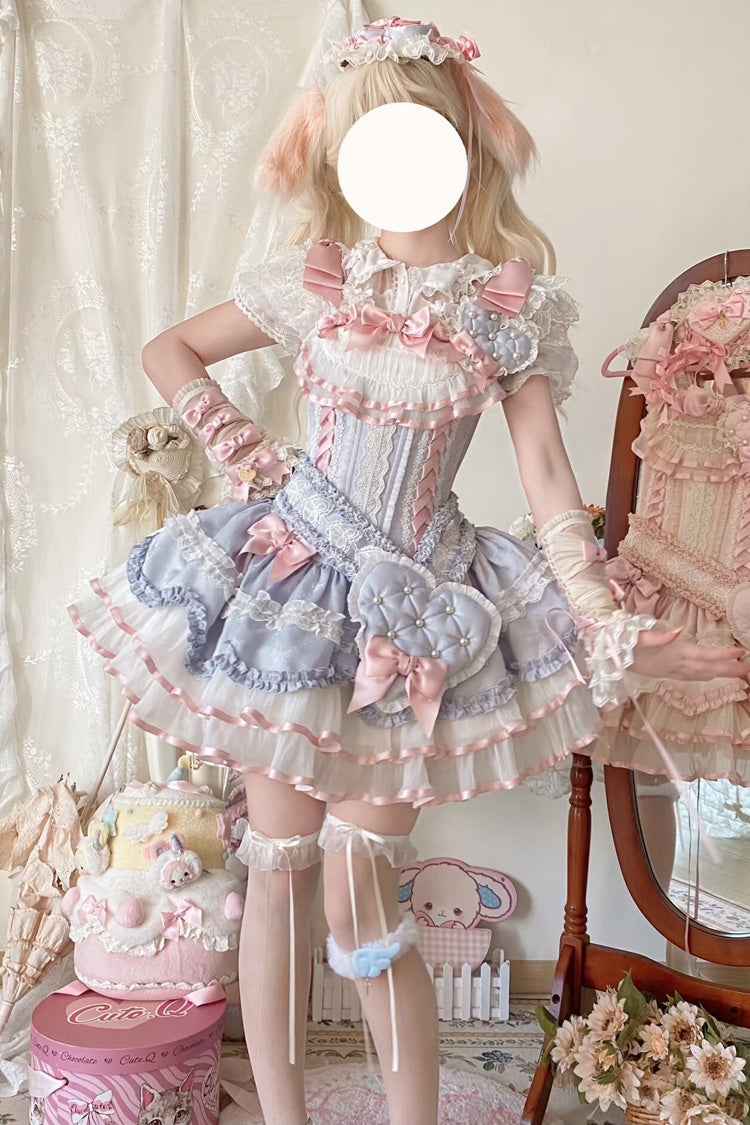 Blue Triple-Layered Ruffled Bow Lace-Up Slim Ballet Sweet Lolita Dress