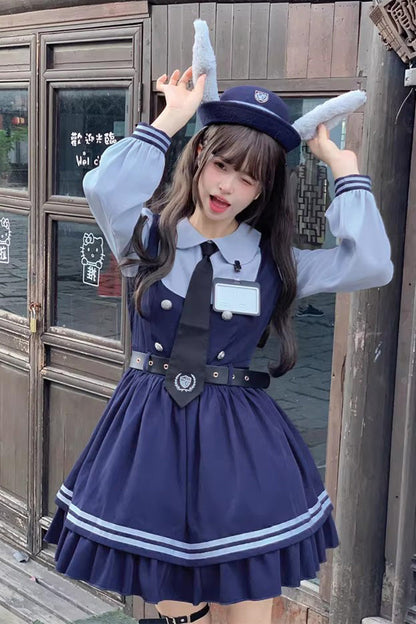 Blue [Rabbit Officer] Long Sleeves Printed Ruffled Faux Two-Piece College Style Sweet Lolita Dress