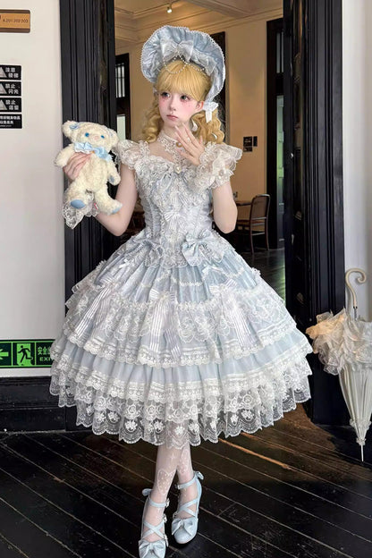 Blue [Moonlit Sakura Ode] Sleeveless Multi-Layered Ruffled Bow Lace Sweet Lolita Dress