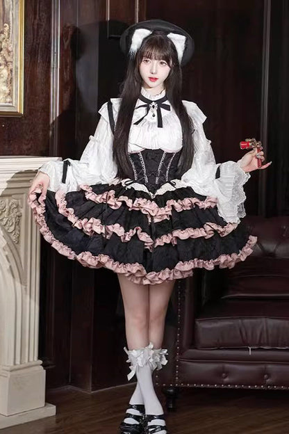 Black/Pink Sleeveless Multi-Layered Ruffle Bowknot Lace-Up Sweet Lolita Strap Dress