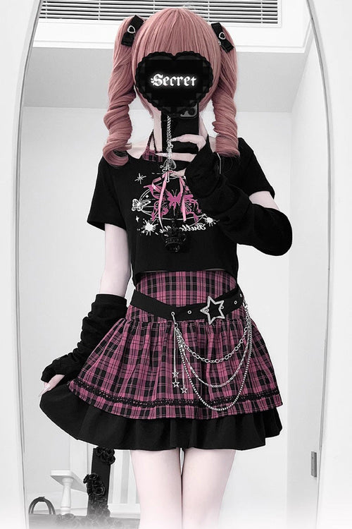 Black/Pink [Butterfly Chapter] Short Sleeves Print Gothic Jirai Kei Skirt Set