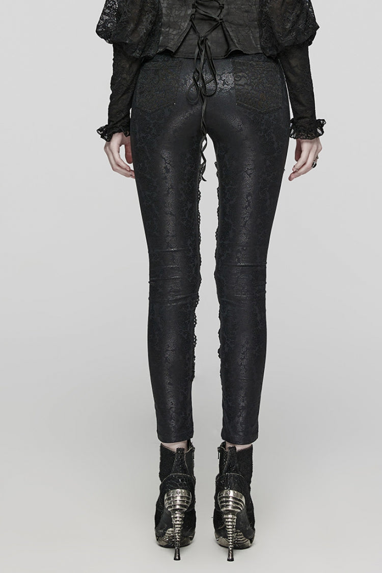 Black Print Stitching Lace Lace-Up Slim Women's Gothic Leggings