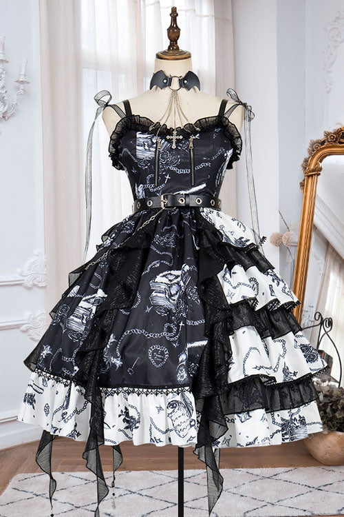 Black/White Vampire Diaries Cross Print Contrast Stitching Multi-Layer Ruffled Gothic Lolita Jsk Dress