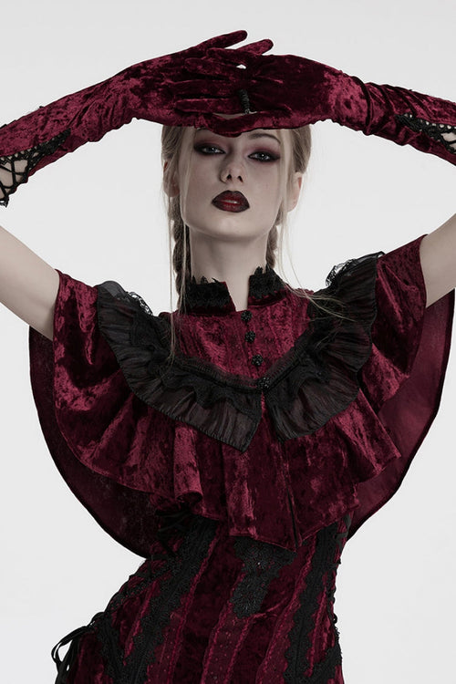 Red Floral Embroidery Lace-Up Women's Gothic Gloves