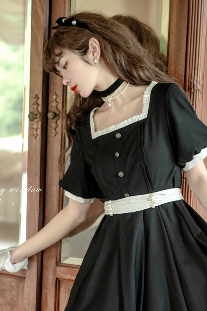 Black [Random Thoughts] Square Collar Short Sleeves Ruffle Classic Vintage Elegant Lolita Dress