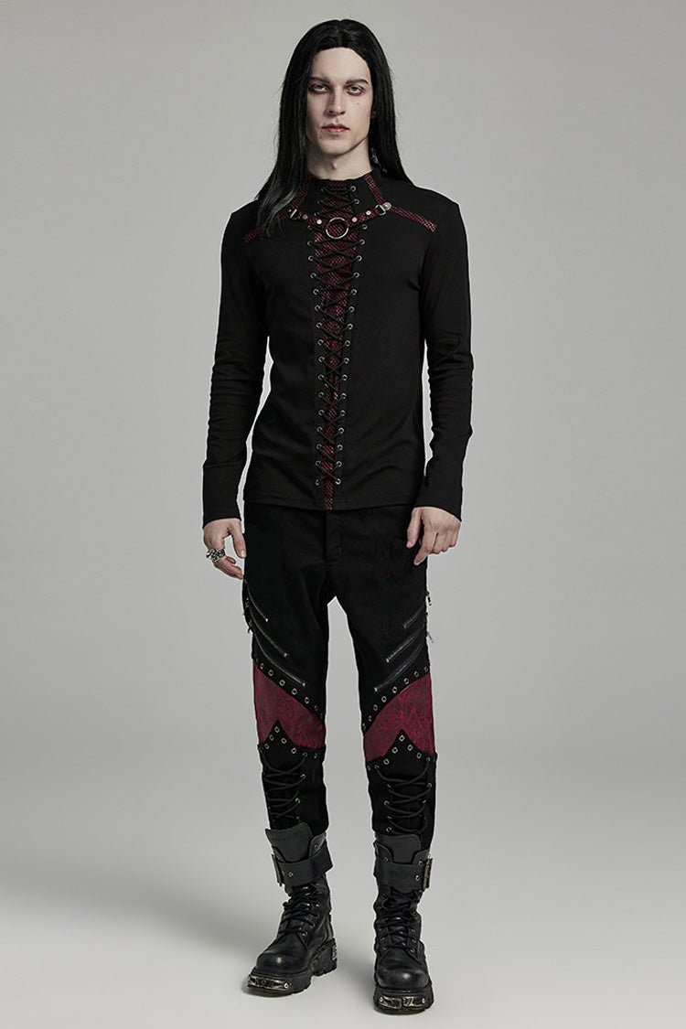 Black/Red Long Sleeves Stitching Lace-Up Ripped Men's Punk Blouse
