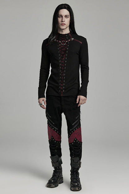 Black/Red Long Sleeves Stitching Lace-Up Ripped Men's Punk Blouse