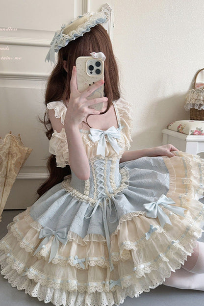 Blue [Flory Butterfly] Double-Layered Ruffle Bowknot Lace Lace-Up Sweet Ballet Lolita Jsk Dress