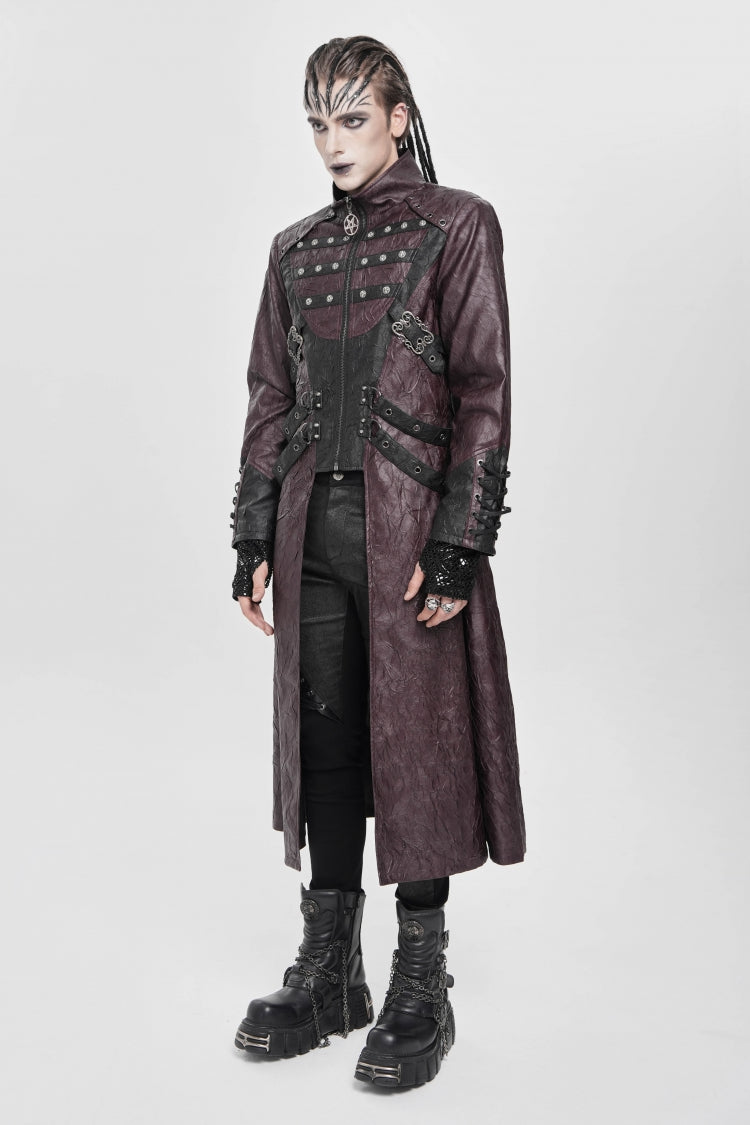 Red Stand Collar Zipper Straps Eyelet Men's Punk Coat