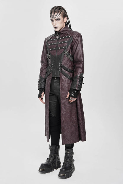 Red Stand Collar Zipper Straps Eyelet Men's Punk Coat