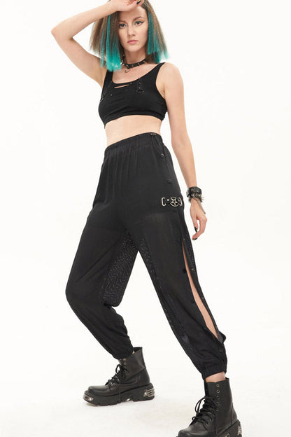 Black Punk Sports Style Metal Five-Star Decoration Trouser Leg Button Detachable Women's Long Pants