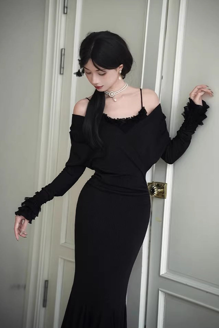Black [Secret Crush] Long Sleeves Stretch Knit Slim Gothic Lolita Fishtail Dress